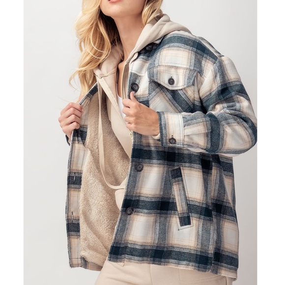 LAST ONE❗Cozy Chic Dark Teal Lined Plaid Flannel Oversized Shacket - Picture 2 of 14